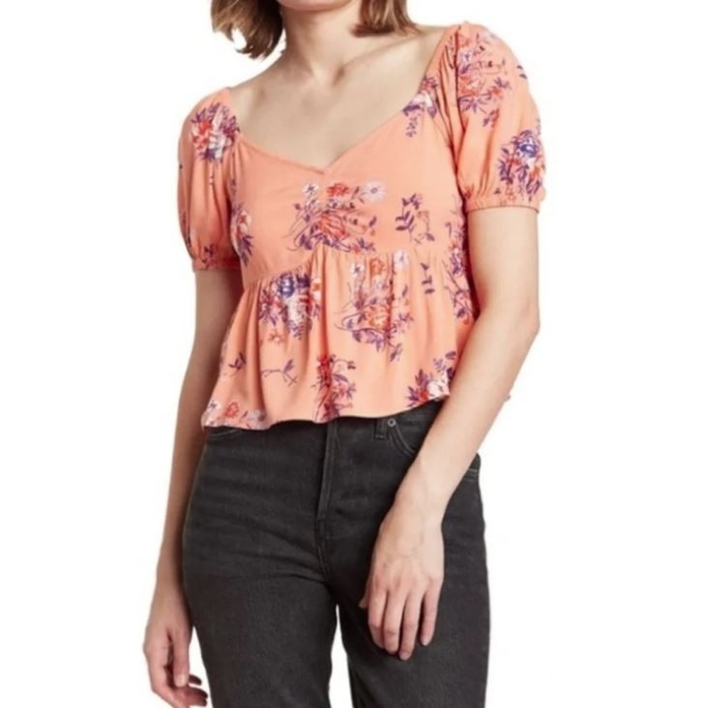 Abound Women's Floral Print Puff Sleeve Babydoll Top Coral Aster Bouquet Medium